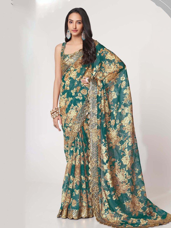 Teal Blue Organza Digital Print Saree